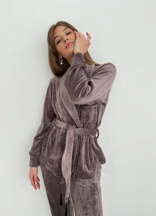 Пижама женская 090 укороченный халат и завышенные брюки плюш велюр с хлопком капучино10 фото