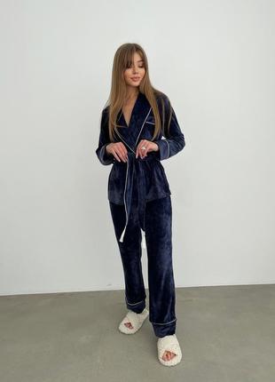 Піжама жіноча 090 укорочений халат завищені штани плюш велюр з бавовною синій