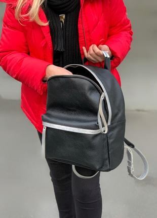 Кожаный женский рюкзак, натуральная кожа черный с серебром3 фото