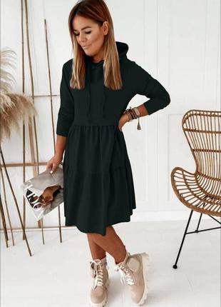 Платье миди свободного силуета с капюшоном рукав длинный прямой юбка двойной волан ткань трикотаж двунить