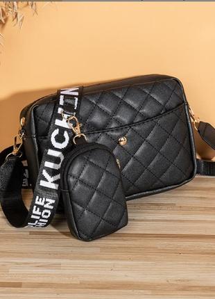 Современная женская черная сумка +кошелек через плечо из экокожи, трендовая модная женская сумочка для девушки