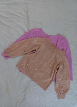 Шикарный теплый трикотажный свитер с жемчугом бусинами