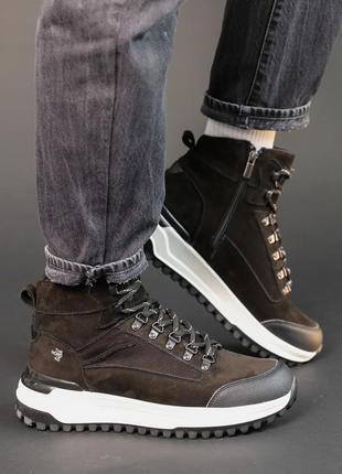 Стильные черные качественные мужские зимние ботинки, кроссовки высокие кожаные/натуральная кожа, меха зима