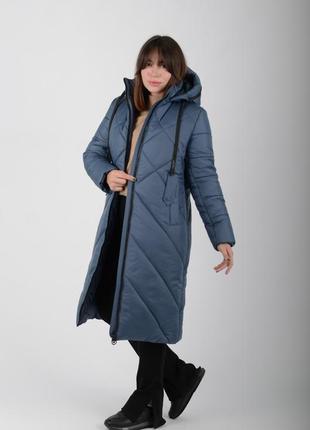 Теплое длинное женское зимнее пальто пуховик из водооталкивающей плащевки николь джинс4 фото
