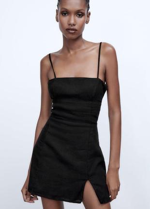 Платье сарафан черная лён открытая спина шнуровка с разрезом zara s m 5520/2732 фото