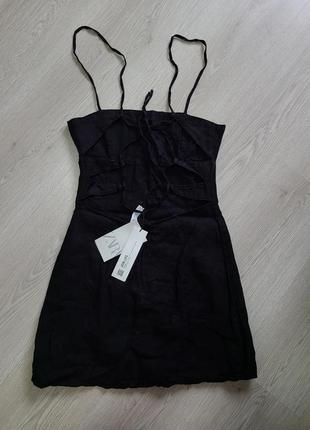 Платье сарафан черная лён открытая спина шнуровка с разрезом zara s m 5520/2735 фото