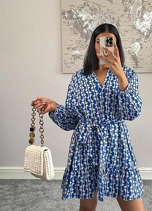 Сукня сарафан плаття синє з поясом абстрактний принт zara s 4437/105