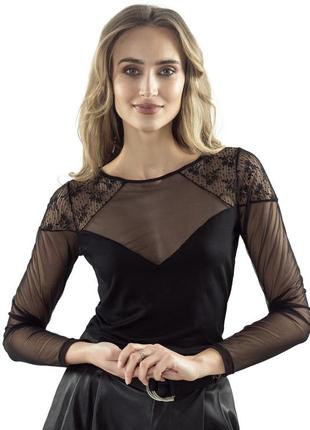 Женская нарядная блуза черного цвета с прозрачными вставками из сетки. модель donna eldar