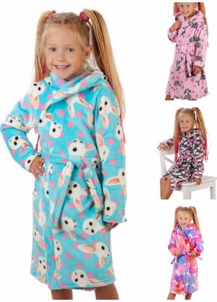 Дитячий теплий махровий халат велсофт, плюшевий банний халат з поясом , махровый халат для девочки