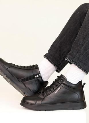 Стильные комфортные черные мужские ботинки, полуботинки зимние, кожаные/кожа-мужская обувь на зиму3 фото