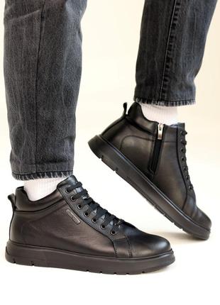 Стильные комфортные черные мужские ботинки, полуботинки зимние, кожаные/кожа-мужская обувь на зиму4 фото