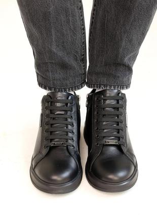 Стильные комфортные черные мужские ботинки, полуботинки зимние, кожаные/кожа-мужская обувь на зиму8 фото