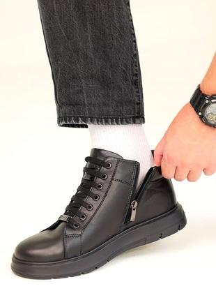 Стильные комфортные черные мужские ботинки, полуботинки зимние, кожаные/кожа-мужская обувь на зиму9 фото