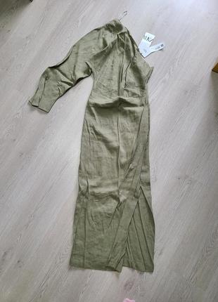 Сукня плаття хакі льон на одне плече розріз нарядна вечірна zara s 8017/6218 фото