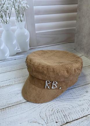 Вельветовое кепи коричневое со стразами