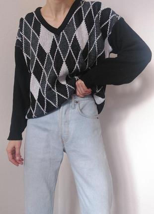 Винтажный свитер ромбы джемпер черный пуловер реглан лонгслив кофта винтаж