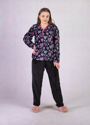 Піжама махрова жіноча тепла великих розмірів чорна із сердечками 44-64р.