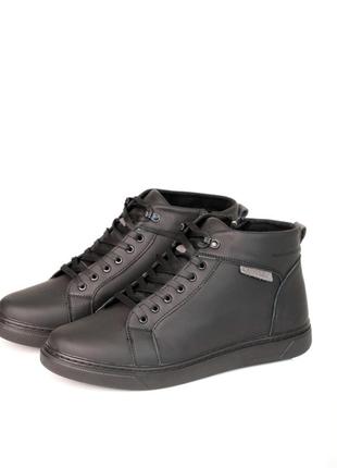 Чоловічі чорні зимові черевики кросівки великих розмірів шкіряні/натуральна шкіра,хутро на зиму 2024