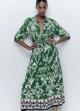 Платье сарафан длинное под пояс зеленый принт абстракция zara s 5216/2475 фото