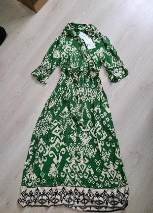 Платье сарафан длинное под пояс зеленый принт абстракция zara s 5216/2476 фото