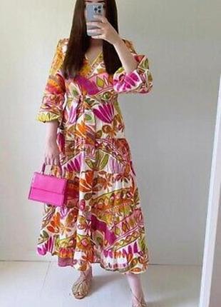 Платье сарафан яркий цветочный принт под пояс zara m
 8252 254