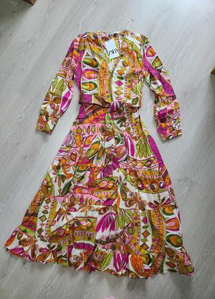 Платье сарафан яркий цветочный принт под пояс zara m
 8252 2546 фото