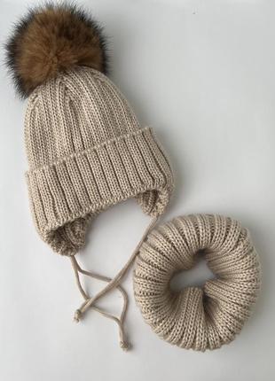 Комплект шапка та хомут зима беж1 фото