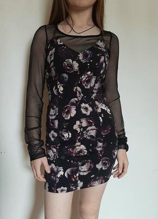 Платье вечернее платье черное в цветочки прозрачное в сеточку мини нежная милая красивая женственная