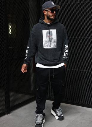 Худі оверсайз з принтами чорне