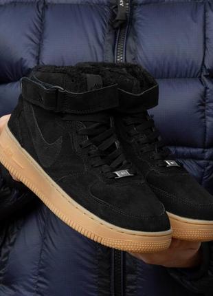 Зимние мужские кроссовки nike air force 1 high black winter fur черного цвета мех