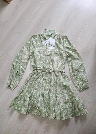 Сукня сарафан плаття оливнове в абстрактний принт під пояс нарядне zara s 4786/2496 фото