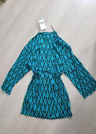 Сукня сарафан плаття синє абстрактний принт з поясом кімоно zara s 5216/2466 фото