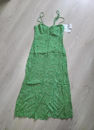 Платье сарафан зеленое животный принт открытая спина с разрезом zara s 2587/1656 фото