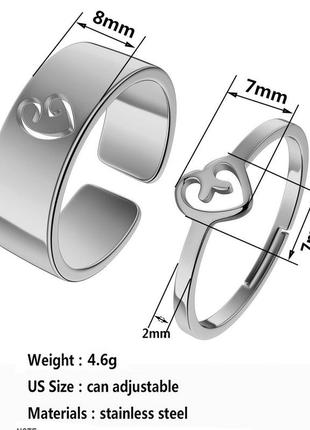 Парные кольца с сердцами, набор колечек из нержавеющей стали для двух влюбленных, размер регулируется4 фото