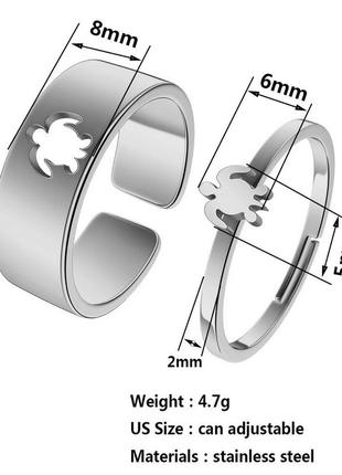 Парные кольца с черепашками, набор колечек из нержавеющей стали для двух влюбленных, размер регулируется4 фото