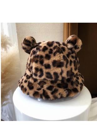 Женская шапка-панама леопардовая с ушками и кулиской