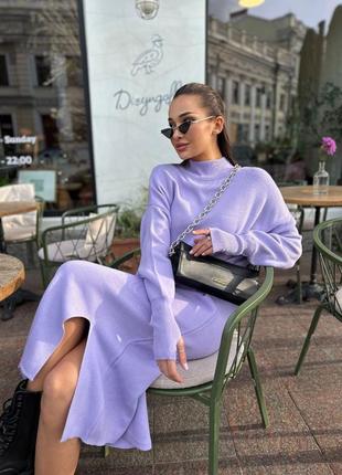 Шикарное тёплое длинное платье туника трикотажное вязаное с разрезом белое бежевое синее мятное бирюзовое серое чёрное сиреневое гольф водолазка кофта