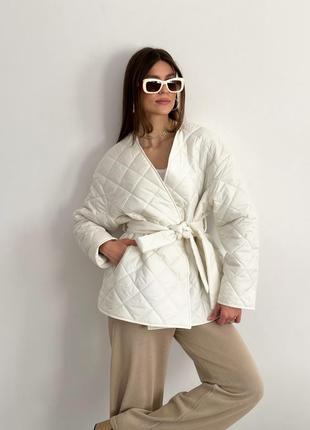 Дутая стеганая куртка кимоно на запах под пояс6 фото