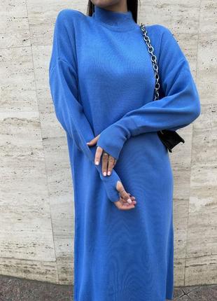 Тёплое длинное платье туника трикотажное вязаное с разрезом белое бежевое синее мятное бирюзовое серое чёрное сиреневое гольф водолазка кофта свитер5 фото