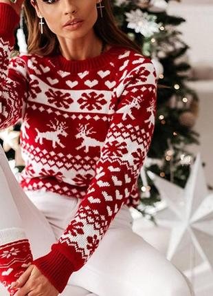 Новогодний свитер женский теплый xmas зимний красный | кофта женская с оленями шерсть4 фото