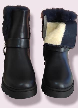 Зимние ботинки на каблуке синие с мехом для девочки 32-373 фото