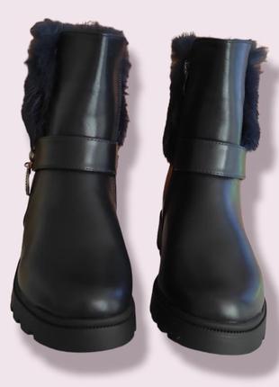 Зимние ботинки на каблуке синие с мехом для девочки 32-378 фото