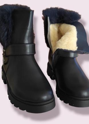 Зимние ботинки на каблуке синие с мехом для девочки 32-379 фото