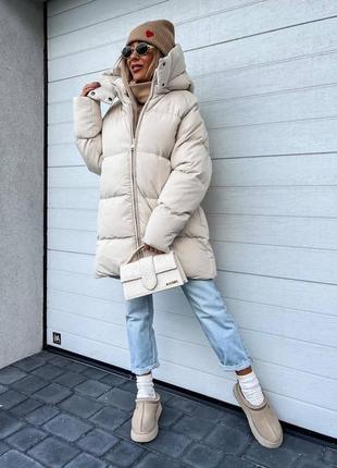 Шикарная тёплая курточка со съёмным капюшоном зимняя стёганая пуховик парка пальто шуба оливковая бежевая белая молочная серая голубая  зефирка одеяло1 фото