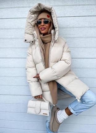 Шикарная тёплая курточка со съёмным капюшоном зимняя стёганая пуховик парка пальто шуба оливковая бежевая белая молочная серая голубая  зефирка одеяло4 фото