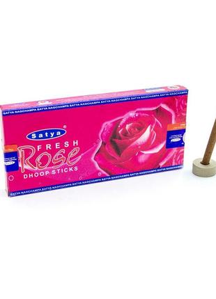 Натуральные безосновные благовония свежая роза сатья fresh rose satya 10 шт +подставка