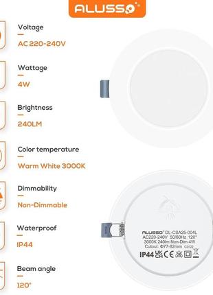 Alusso led downlights 15 вт світлодіодний вбудований стельовий точковий світильник 3000k теплий білий ip444 фото