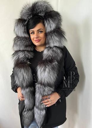 Шикарная зимняя женская чёрная парка, куртка с натуральным мехом финской чернобурки, 42-60 размеры