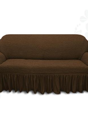 Чохли на невеликі дивани двомісного натяжні з оборкою, чохол на диван малютку жатка стильний кремовий2 фото