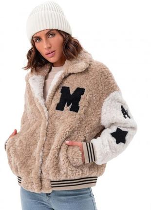 Бомпер женский зимний, экомех барашек, дизайнерский, куртка короткая зимняя, капучино - молочный1 фото